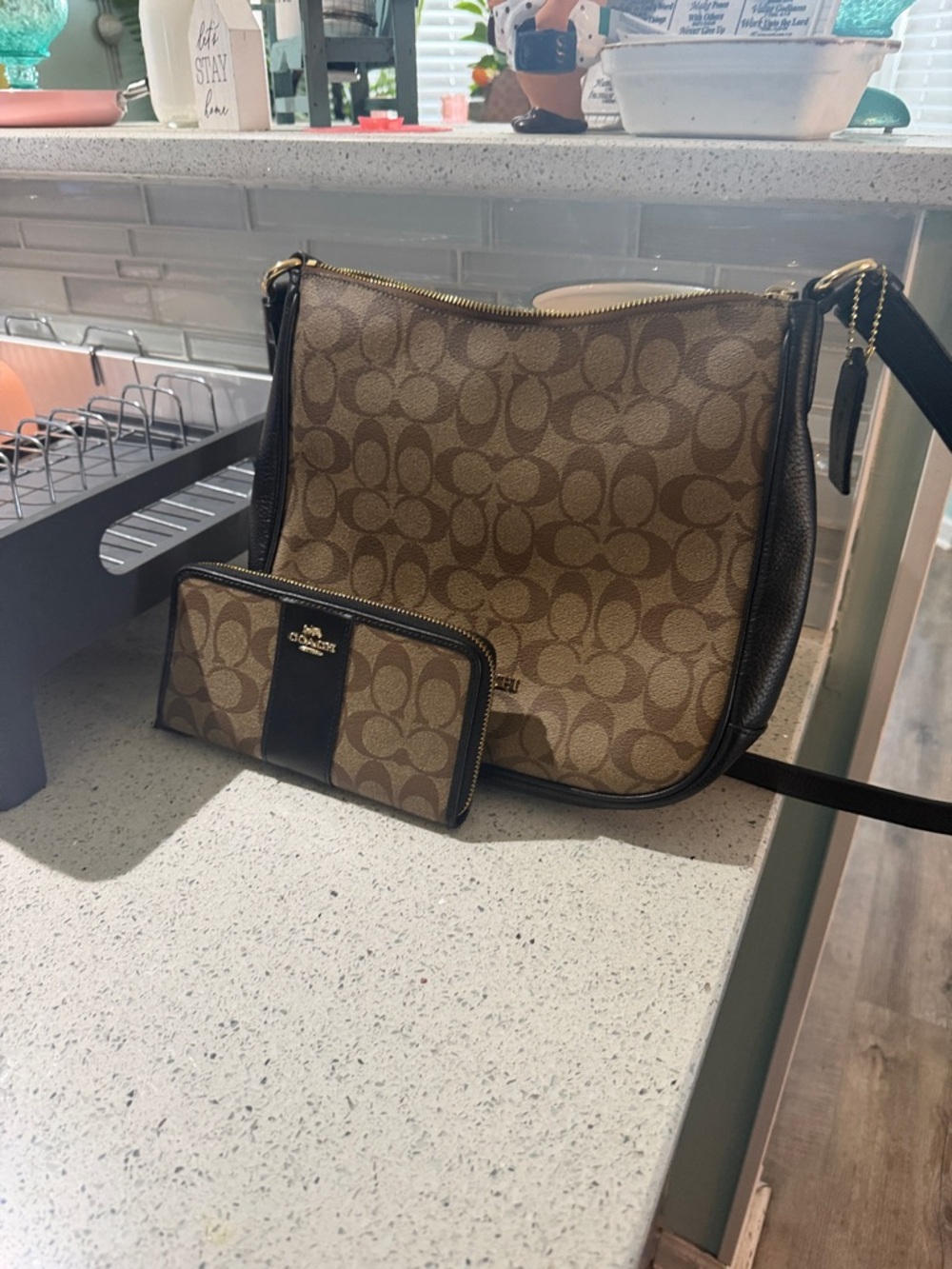 Coach Brown Signature Canvas and Black Leather Crossbody Bag with Wallet